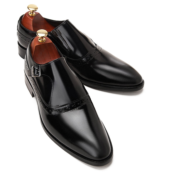 Vatrina Genuine Leather Plain Toe Monk - Black